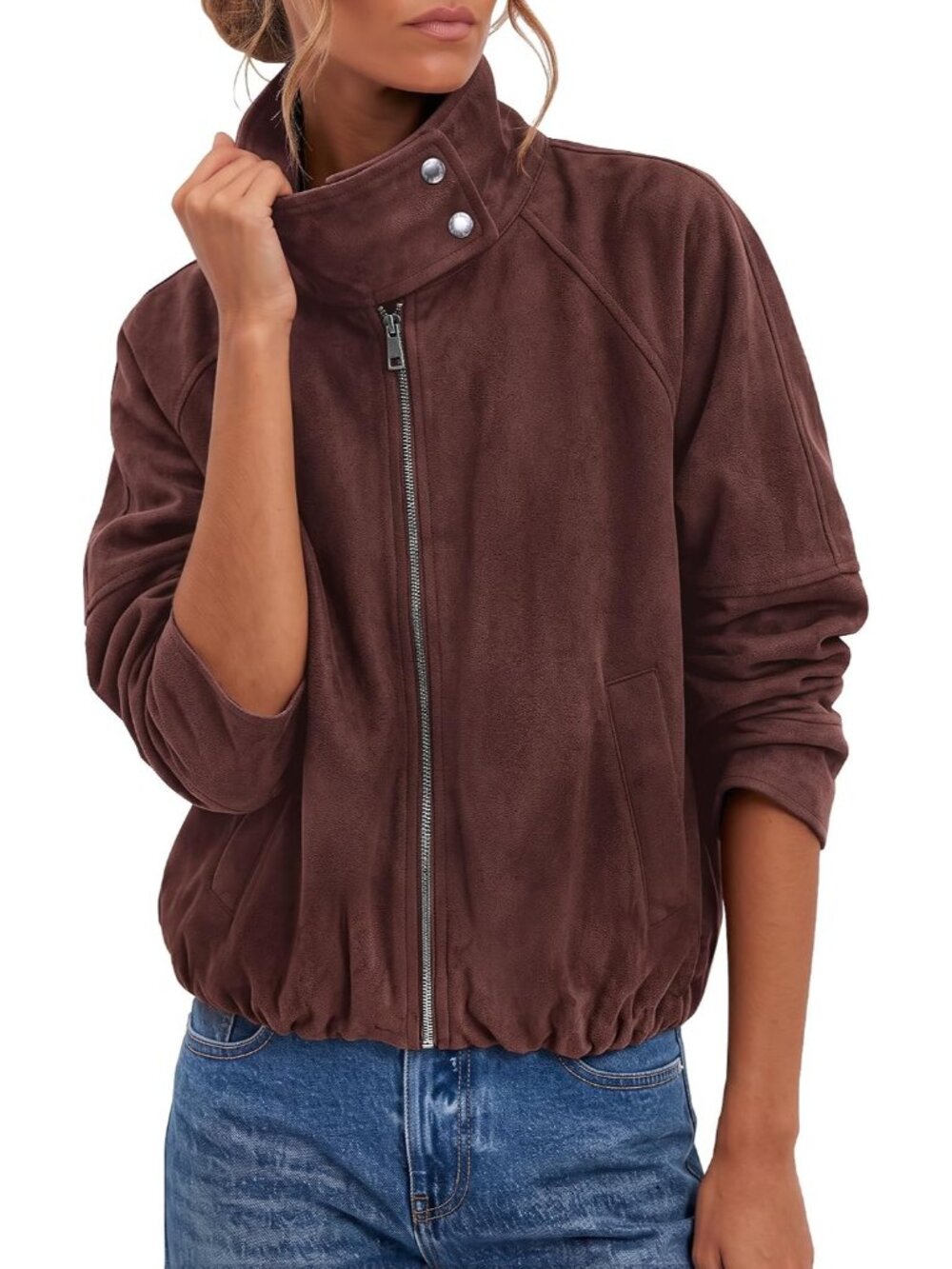 Women's Coffee Brown Funnel Neck Faux Suede Cropped Oversized ZIP Bomber Jacket